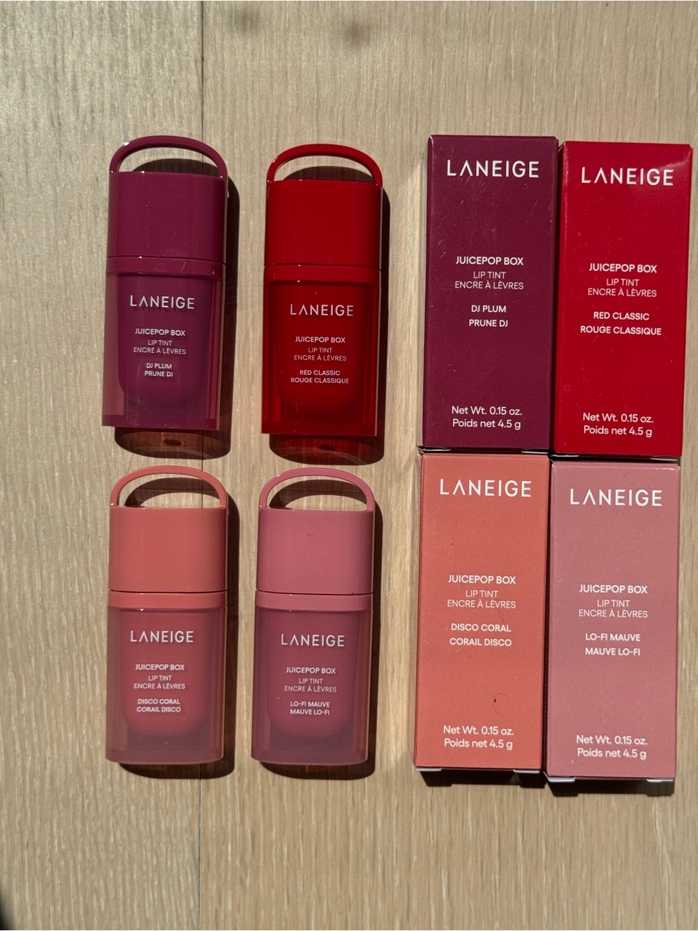LANEIGE Juicepop Box Lip Tint Set - Plum, Red Classic, Disco Coral, Lo‑Fi Mauve